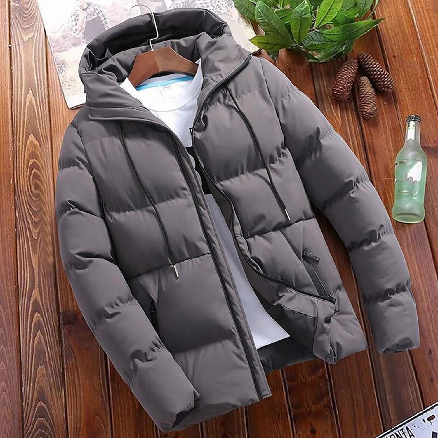 Men Puffer Jacket Hooded Light Packable Long Sleeve Zip Down Jacket Winter Warm Padded Bubble Outwear Coat