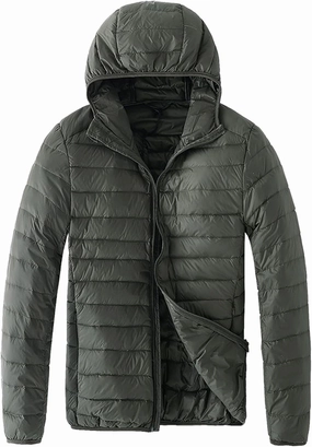Men Puffer Jacket Hooded Light Packable Long Sleeve Zip Down Jacket Winter Warm Padded Bubble Outwear Coat