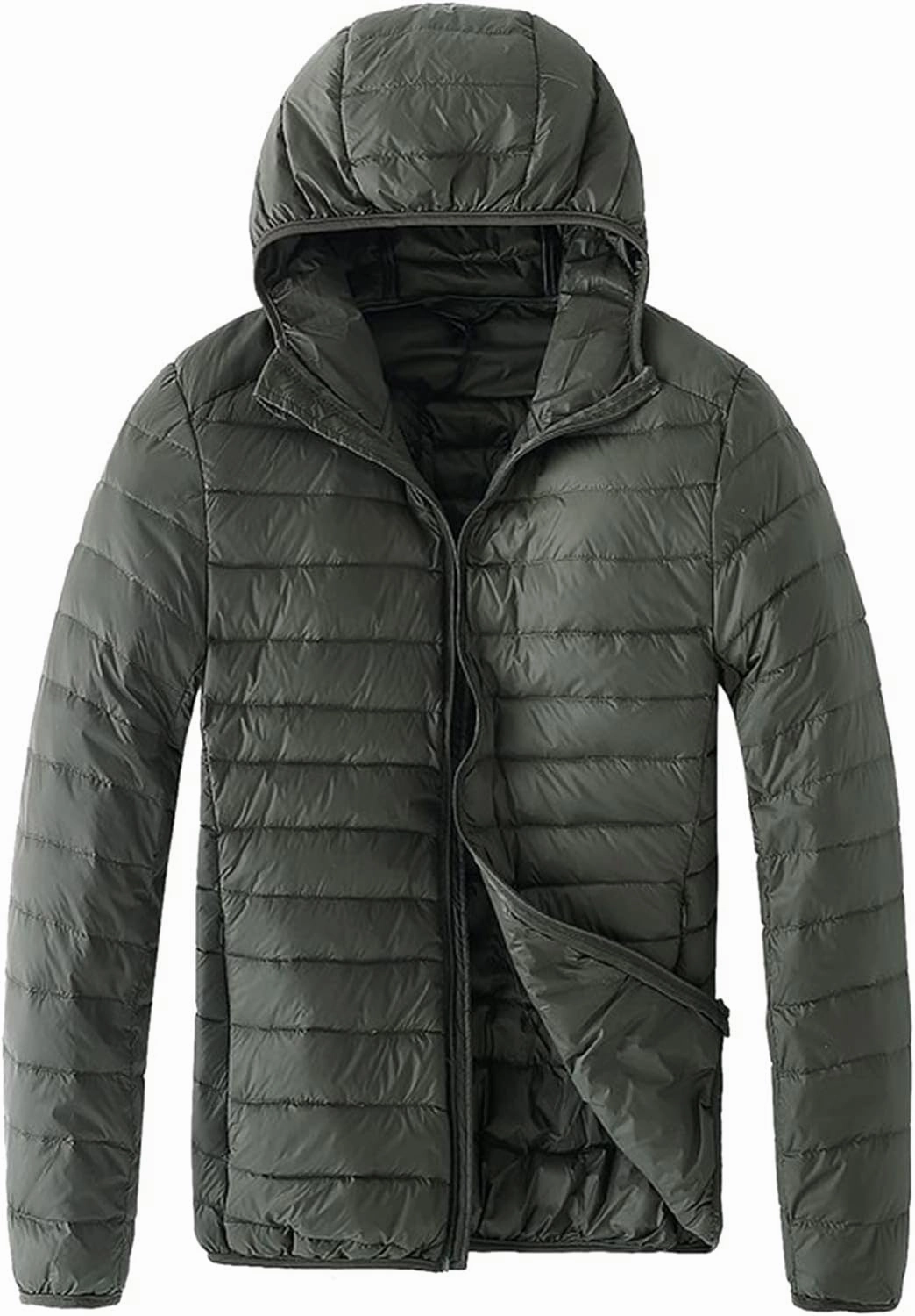 Men Puffer Jacket Hooded Light Packable Long Sleeve Zip Down Jacket Winter Warm Padded Bubble Outwear Coat