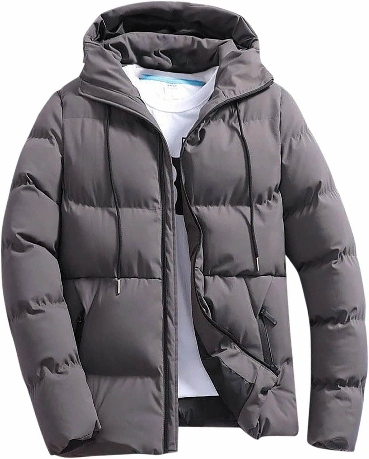 Men Puffer Jacket Hooded Light Packable Long Sleeve Zip Down Jacket Winter Warm Padded Bubble Outwear Coat