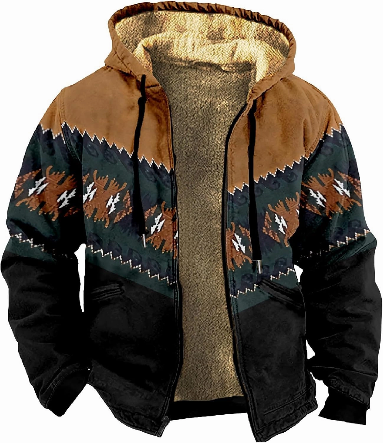 Men's Winter Jacket Printed Work Cargo Coats Hooded Outerwear Zipper Hoodies Fleece Sherpa Lined Sweatshirt Tops