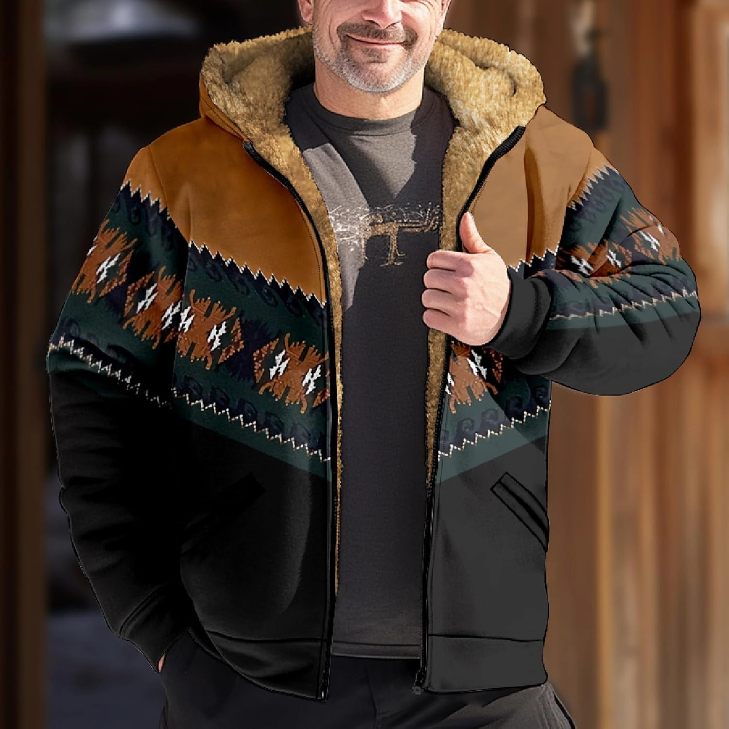 Men's Winter Jacket Printed Work Cargo Coats Hooded Outerwear Zipper Hoodies Fleece Sherpa Lined Sweatshirt Tops