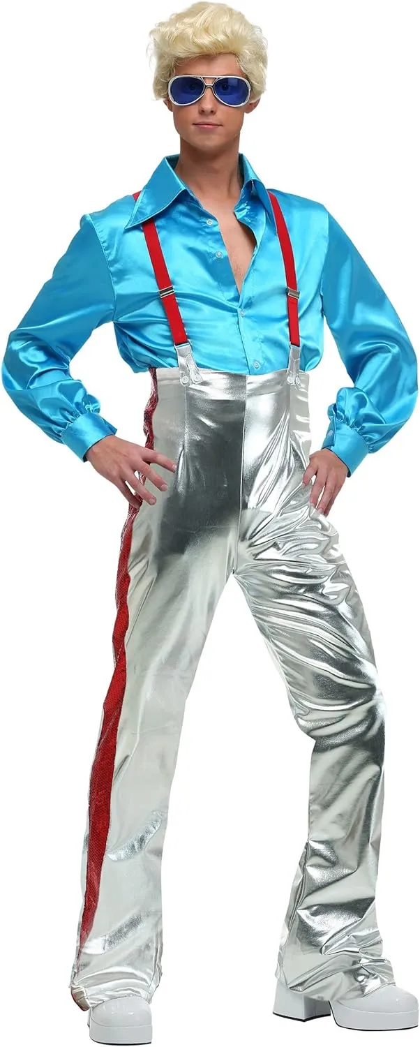 Men's Funky Disco Costume with Metallic Finish Shirt, Pants, and Suspenders