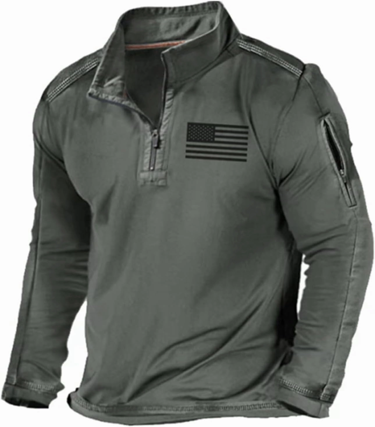 Mens Vintage Stand Collar Sweatshirt Flag Print Quarter Zip Pullover Sweatshirts Slim Fit Gym Workout Tactical Shirts