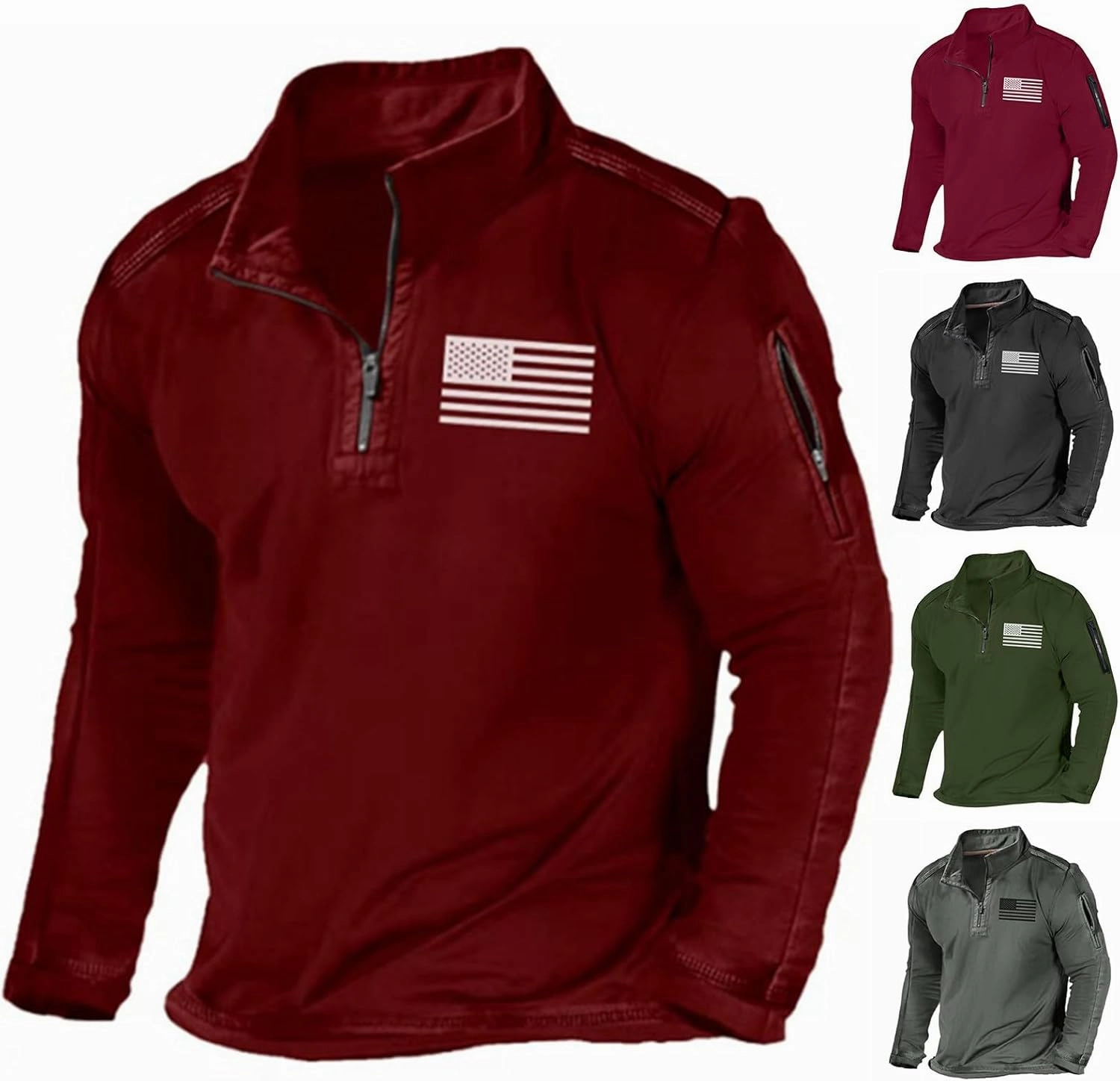 Mens Vintage Stand Collar Sweatshirt Flag Print Quarter Zip Pullover Sweatshirts Slim Fit Gym Workout Tactical Shirts