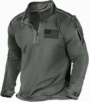 Mens Vintage Stand Collar Sweatshirt Flag Print Quarter Zip Pullover Sweatshirts Slim Fit Gym Workout Tactical Shirts