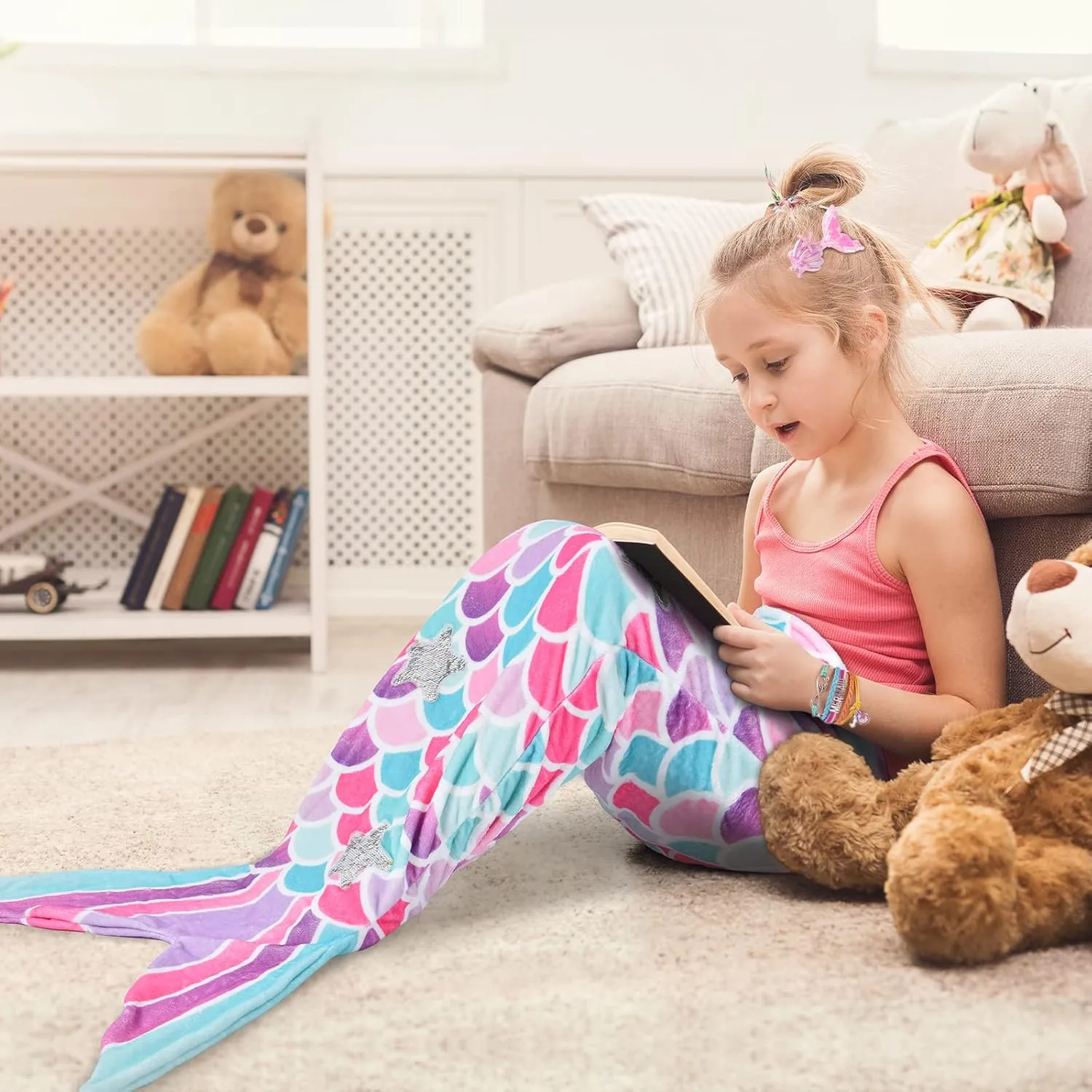 Mermaid Tail Blanket - Wearable Mermaid Soft Blanket with Glitter Stars Sequin Hairpin Bracelet for Girls Teens Pink Soft Flannel Snuggle Blanket 55’’ x 24’’ Gift for Birthday Christmas