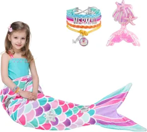 Mermaid Tail Blanket - Wearable Mermaid Soft Blanket with Glitter Stars Sequin Hairpin Bracelet for Girls Teens Pink Soft Flannel Snuggle Blanket 55’’ x 24’’ Gift for Birthday Christmas