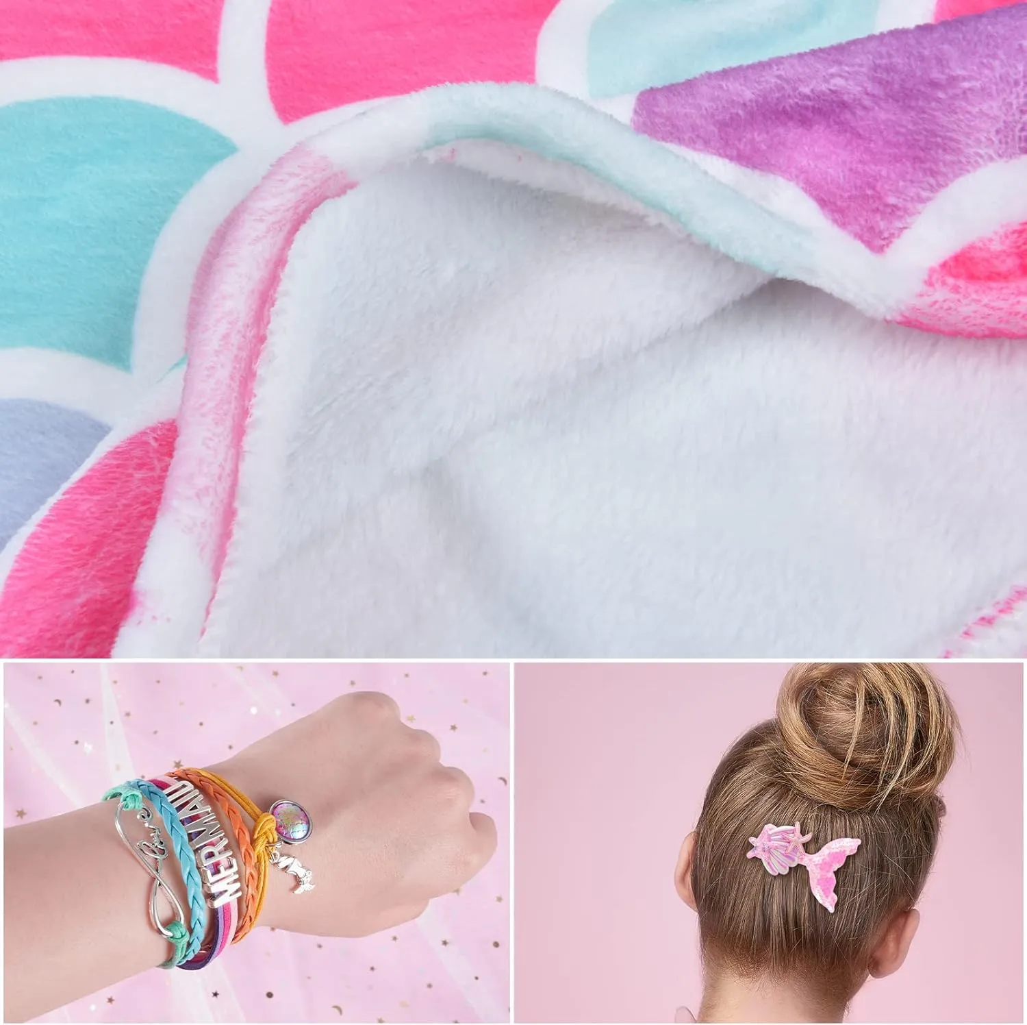 Mermaid Tail Blanket - Wearable Mermaid Soft Blanket with Glitter Stars Sequin Hairpin Bracelet for Girls Teens Pink Soft Flannel Snuggle Blanket 55’’ x 24’’ Gift for Birthday Christmas