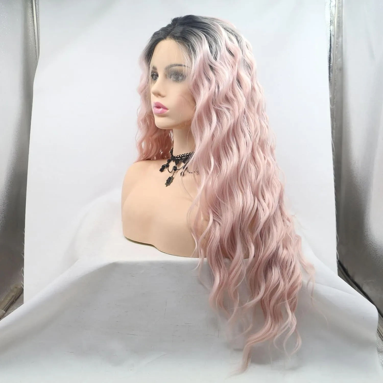 Mermaid Wig Long Loose Wave Curly Wig Dark Roots Ombre Baby Pink Lace Front Wig Synthetic Glueless Heat Resistant Hair Flawless Wigs for Women Drag Queen Christmas Cosplay Wigs