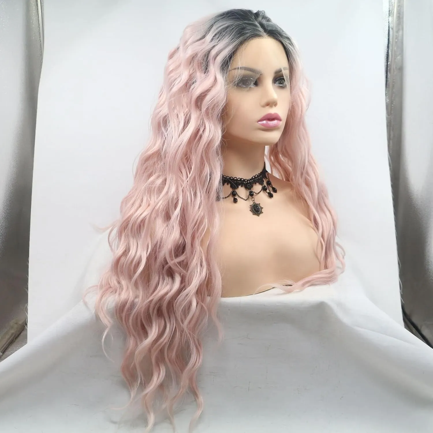 Mermaid Wig Long Loose Wave Curly Wig Dark Roots Ombre Baby Pink Lace Front Wig Synthetic Glueless Heat Resistant Hair Flawless Wigs for Women Drag Queen Christmas Cosplay Wigs