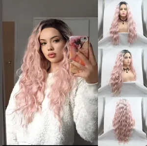 Mermaid Wig Long Loose Wave Curly Wig Dark Roots Ombre Baby Pink Lace Front Wig Synthetic Glueless Heat Resistant Hair Flawless Wigs for Women Drag Queen Christmas Cosplay Wigs