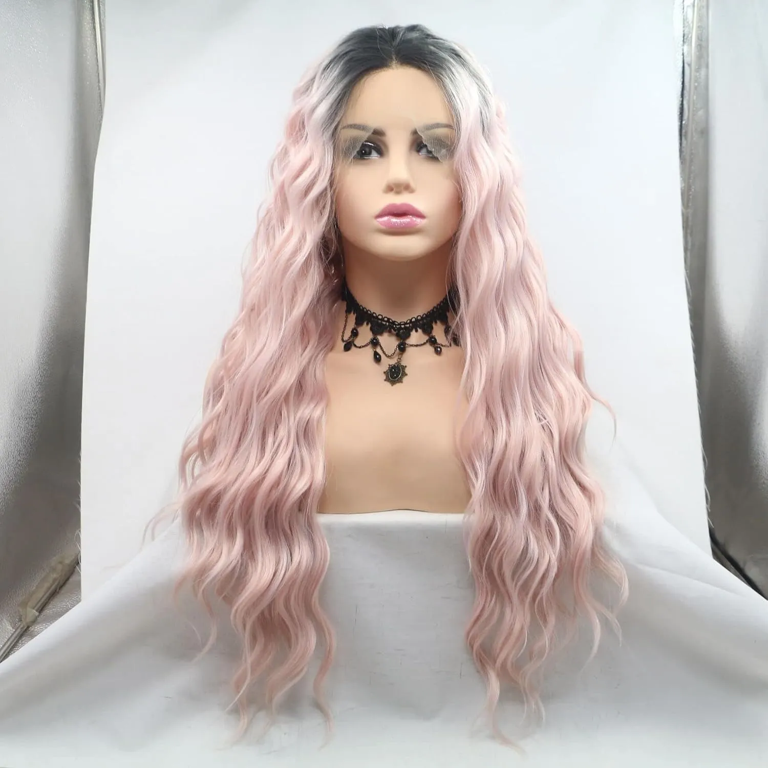 Mermaid Wig Long Loose Wave Curly Wig Dark Roots Ombre Baby Pink Lace Front Wig Synthetic Glueless Heat Resistant Hair Flawless Wigs for Women Drag Queen Christmas Cosplay Wigs