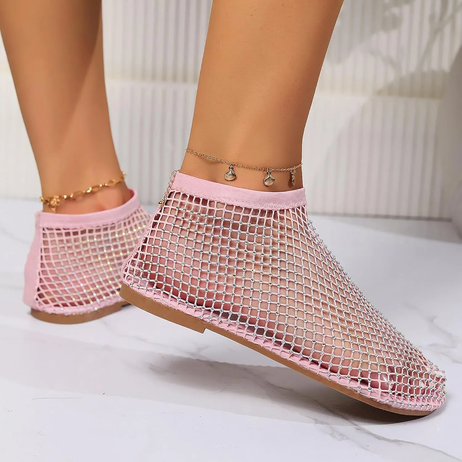 Mesh Shoes Women Flats with Rhinestones, Mesh Embellished Flats, Mesh Ballet Flats for Women, Sparkly Shoes for Women