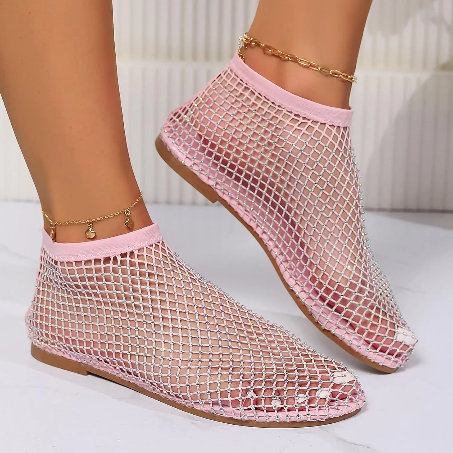 Mesh Shoes Women Flats with Rhinestones, Mesh Embellished Flats, Mesh Ballet Flats for Women, Sparkly Shoes for Women