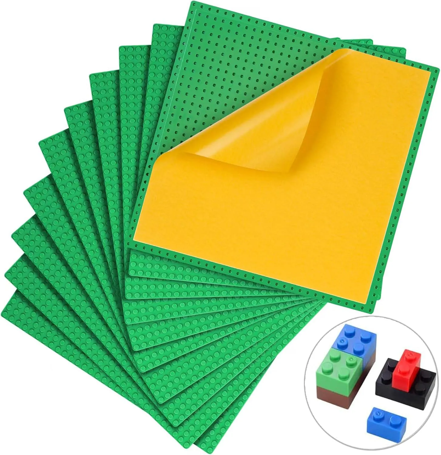 MIMAX Peel-and-Stick Baseplates 10PCS (10"x10"), Toy Building Brick Blocks Base Plates, Self Adhesive Baseplate for All Major Brands, Build On Table Wall (Green)