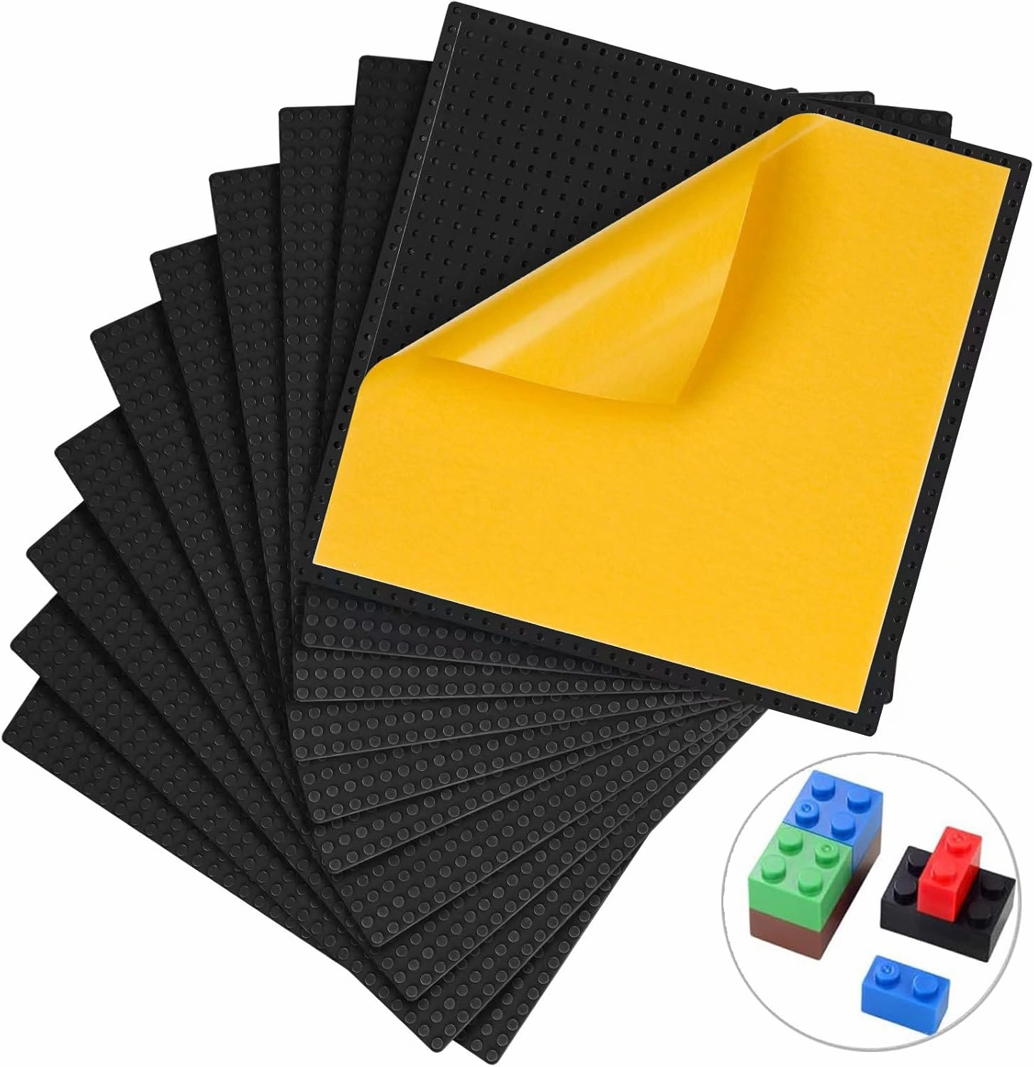 MIMAX Peel-and-Stick Baseplates 10PCS (10"x10"), Toy Building Brick Blocks Base Plates, Self Adhesive Baseplate for All Major Brands, Build On Table Wall (Black)