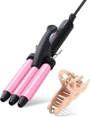 Mini Hair Crimper 1/2 Inch, Small 3 Barrel Curling Iron Hair Waver Dual Voltage for Home and Travel, Triple Ceramic Tiny Barrels Create Natural Tight Beachy Waves, Pink