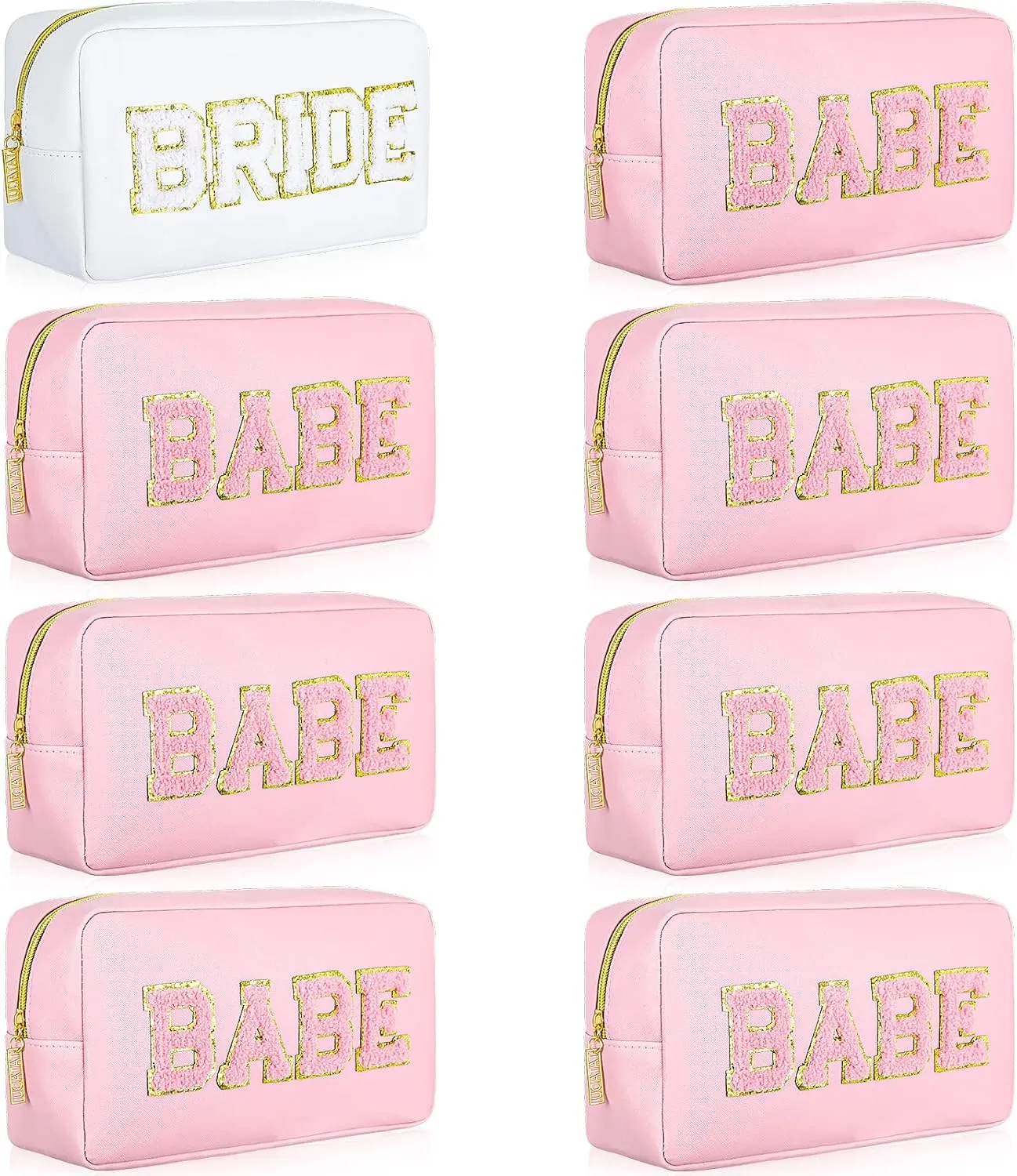 Mixweer 8 Pcs Bridesmaid Cosmetic Bags Bulk Bridesmaid Proposal Gift Embroidered Letter Patch Bride Bachelorette Makeup Bags Travel Pouch Wedding Party Favor for Bridal Shower(White and Pink)