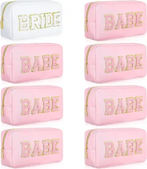 Mixweer 8 Pcs Bridesmaid Cosmetic Bags Bulk Bridesmaid Proposal Gift Embroidered Letter Patch Bride Bachelorette Makeup Bags Travel Pouch Wedding Party Favor for Bridal Shower(White and Pink)