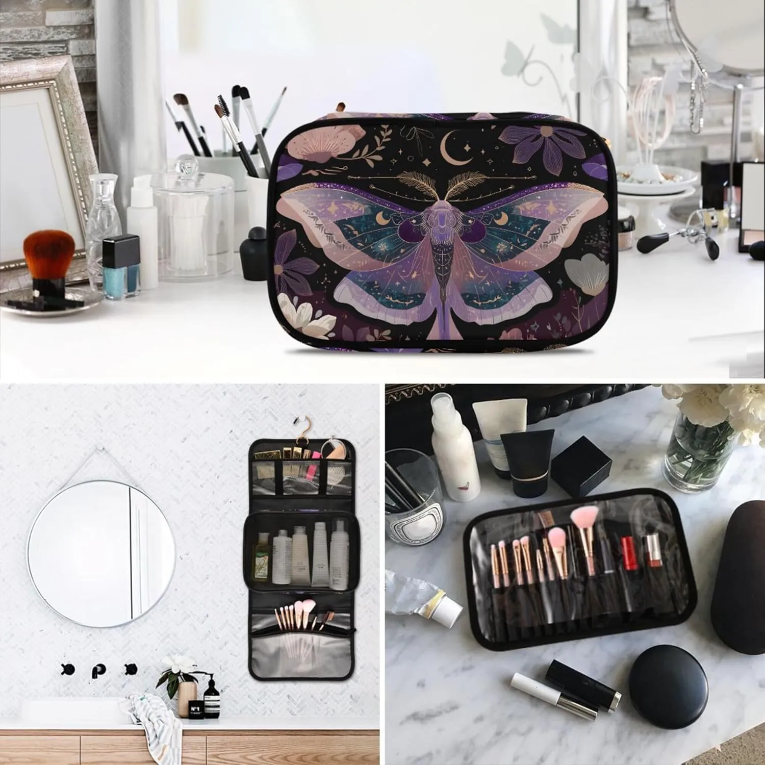 MNSRUU Goth Toiletry Bag Mauve Moths Hanging Makeup Bag for Toiletries 3 PCS Travel Toiletry Organizer Portable Clear Toiletry Kit