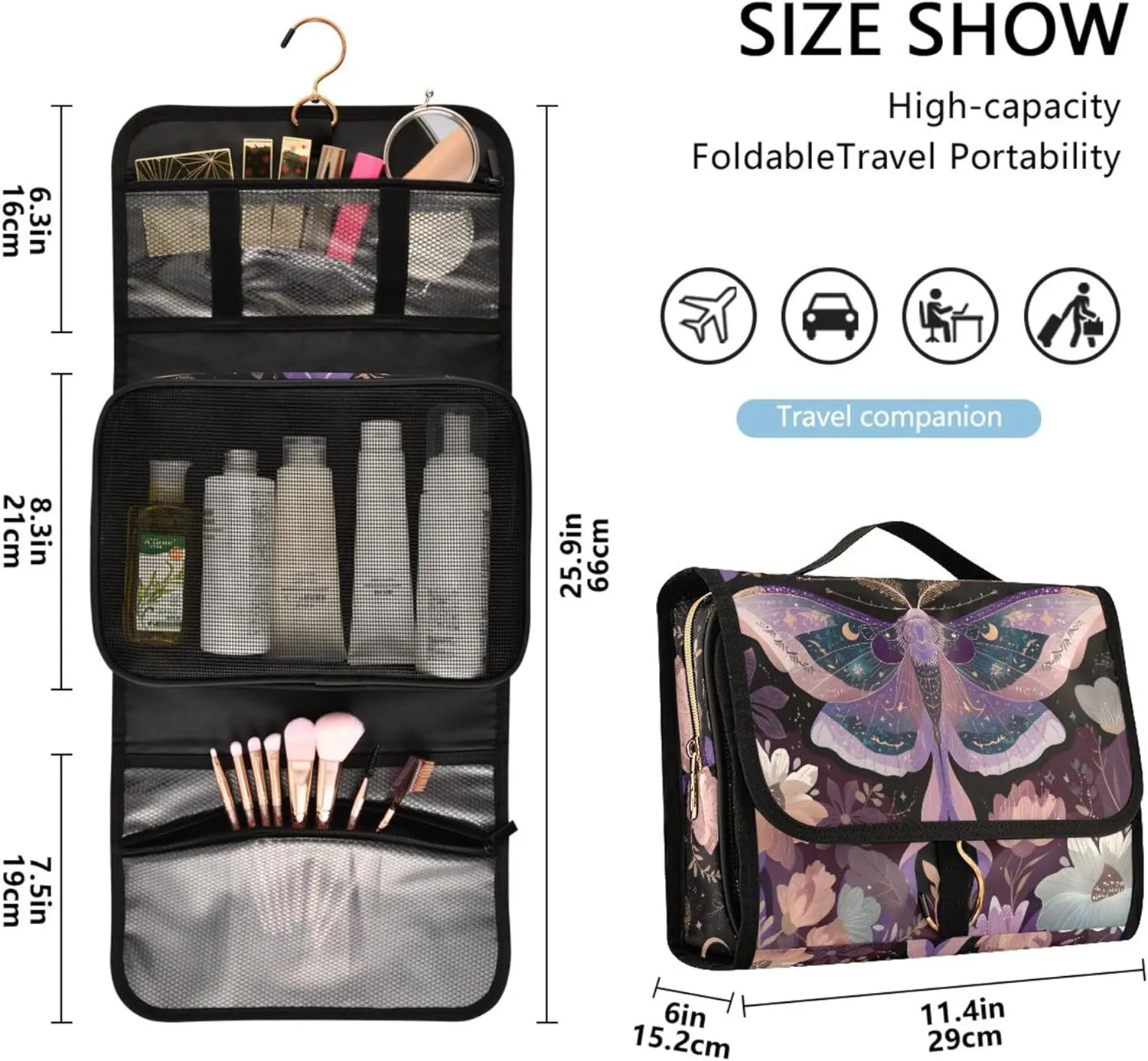 MNSRUU Goth Toiletry Bag Mauve Moths Hanging Makeup Bag for Toiletries 3 PCS Travel Toiletry Organizer Portable Clear Toiletry Kit