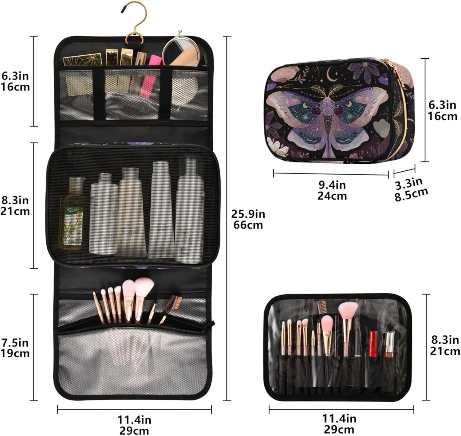 MNSRUU Goth Toiletry Bag Mauve Moths Hanging Makeup Bag for Toiletries 3 PCS Travel Toiletry Organizer Portable Clear Toiletry Kit