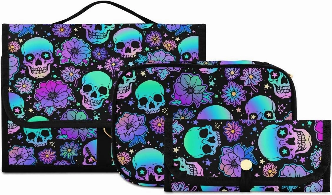 MNSRUU Gothic Toiletry Bags for Traveling, Funny Skulls Women Makeup Bag Hanging Toiletry Bag Cosmetic Bag 3 Pack Portable Clear Toiletry Kit Makeup Brush Bag Organization and Storage
