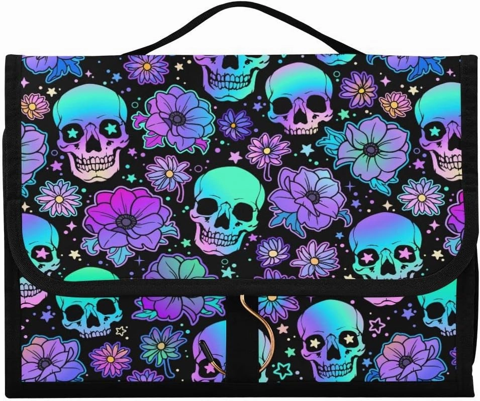 MNSRUU Gothic Toiletry Bags for Traveling, Funny Skulls Women Makeup Bag Hanging Toiletry Bag Cosmetic Bag 3 Pack Portable Clear Toiletry Kit Makeup Brush Bag Organization and Storage