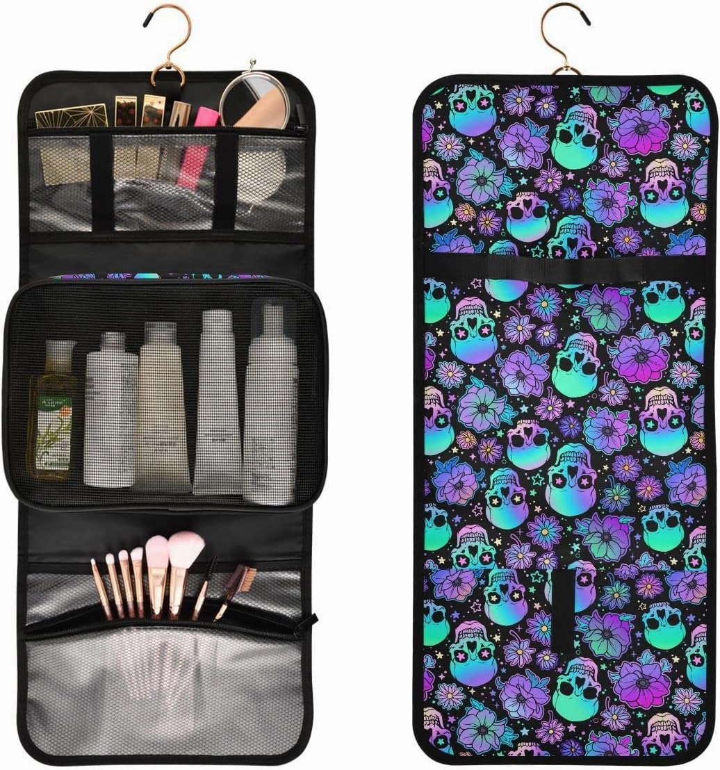 MNSRUU Gothic Toiletry Bags for Traveling, Funny Skulls Women Makeup Bag Hanging Toiletry Bag Cosmetic Bag 3 Pack Portable Clear Toiletry Kit Makeup Brush Bag Organization and Storage