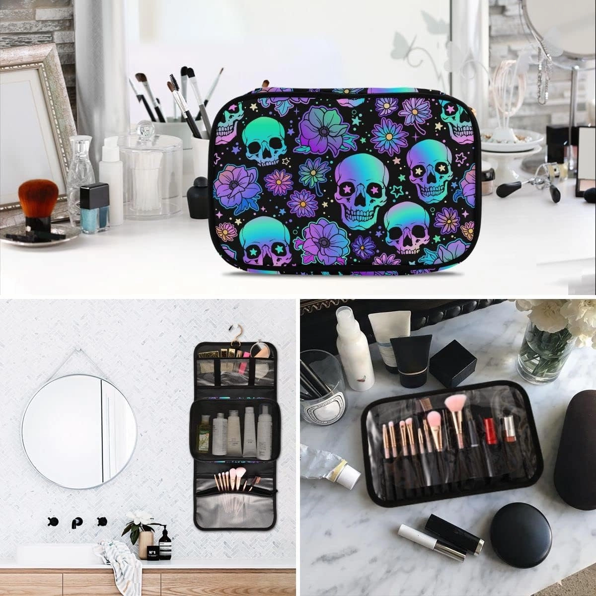MNSRUU Gothic Toiletry Bags for Traveling, Funny Skulls Women Makeup Bag Hanging Toiletry Bag Cosmetic Bag 3 Pack Portable Clear Toiletry Kit Makeup Brush Bag Organization and Storage