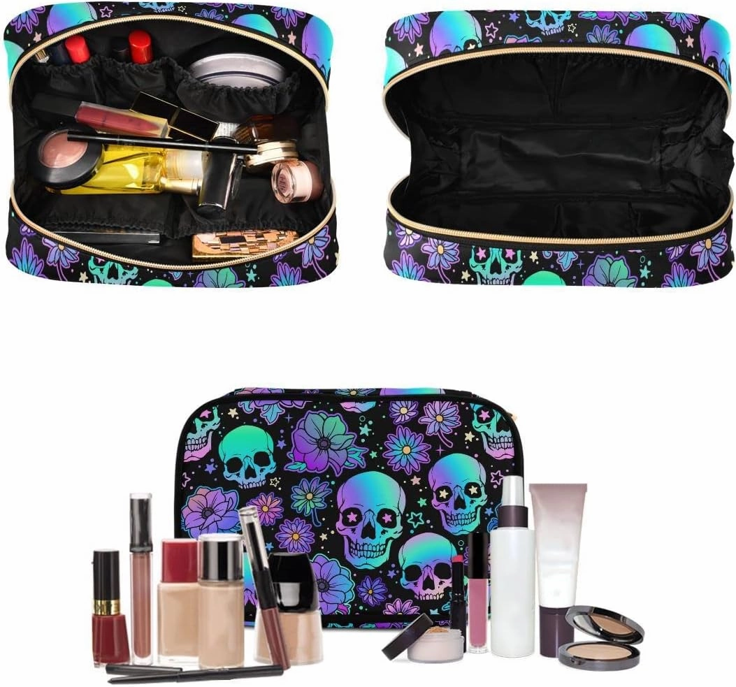 MNSRUU Gothic Toiletry Bags for Traveling, Funny Skulls Women Makeup Bag Hanging Toiletry Bag Cosmetic Bag 3 Pack Portable Clear Toiletry Kit Makeup Brush Bag Organization and Storage