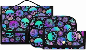 MNSRUU Gothic Toiletry Bags for Traveling, Funny Skulls Women Makeup Bag Hanging Toiletry Bag Cosmetic Bag 3 Pack Portable Clear Toiletry Kit Makeup Brush Bag Organization and Storage