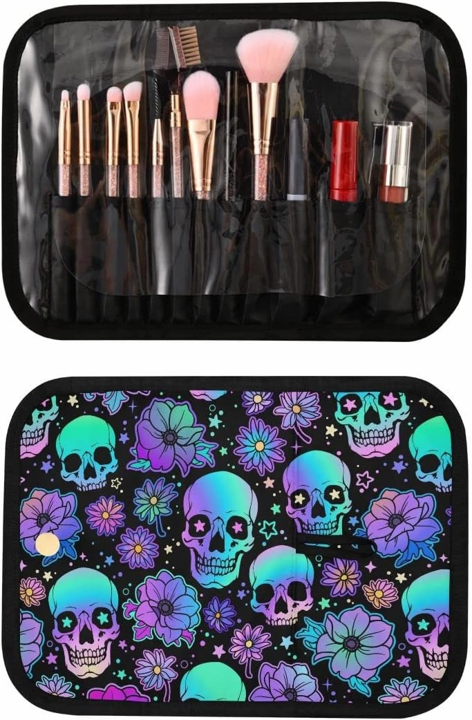 MNSRUU Gothic Toiletry Bags for Traveling, Funny Skulls Women Makeup Bag Hanging Toiletry Bag Cosmetic Bag 3 Pack Portable Clear Toiletry Kit Makeup Brush Bag Organization and Storage