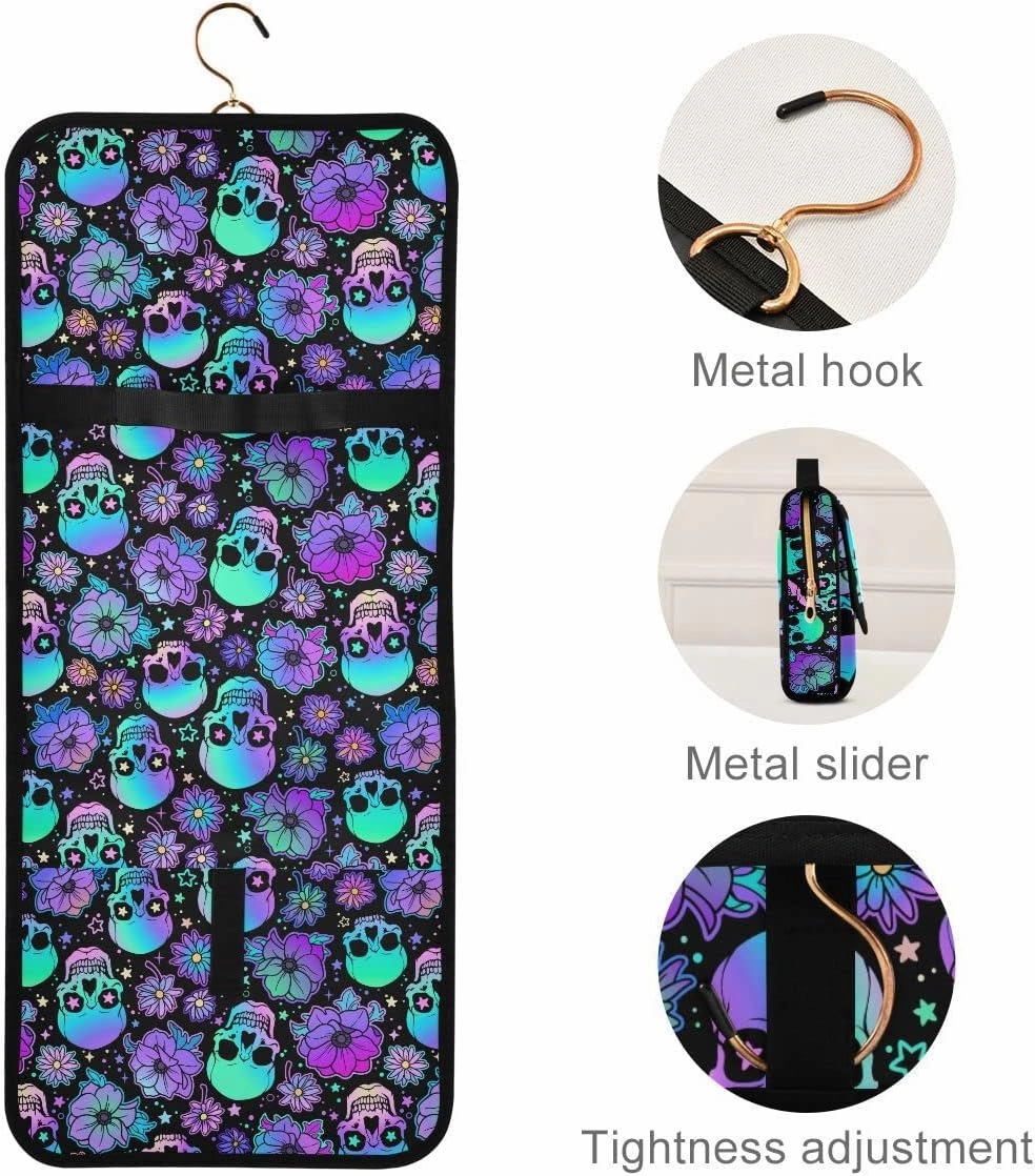 MNSRUU Gothic Toiletry Bags for Traveling, Funny Skulls Women Makeup Bag Hanging Toiletry Bag Cosmetic Bag 3 Pack Portable Clear Toiletry Kit Makeup Brush Bag Organization and Storage
