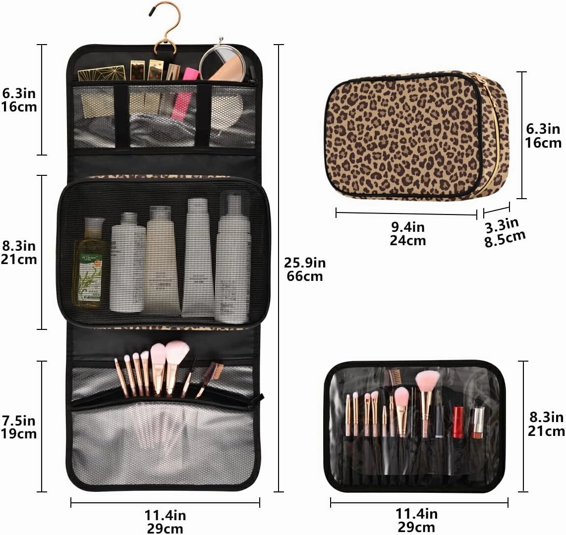 MNSRUU Gothic Toiletry Bags for Traveling, Leopard Beige Brown Women Makeup Bag Hanging Toiletry Bag Cosmetic Bag 3 Pack Portable Clear Toiletry Kit Makeup Brush Bag Organization and Storage