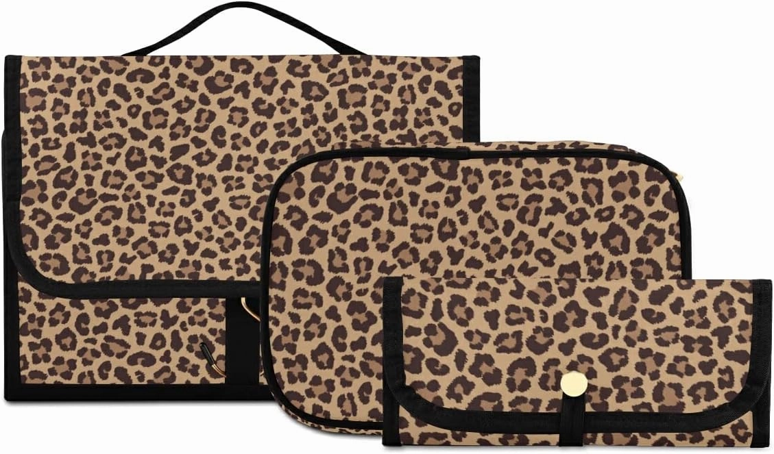 MNSRUU Gothic Toiletry Bags for Traveling, Leopard Beige Brown Women Makeup Bag Hanging Toiletry Bag Cosmetic Bag 3 Pack Portable Clear Toiletry Kit Makeup Brush Bag Organization and Storage