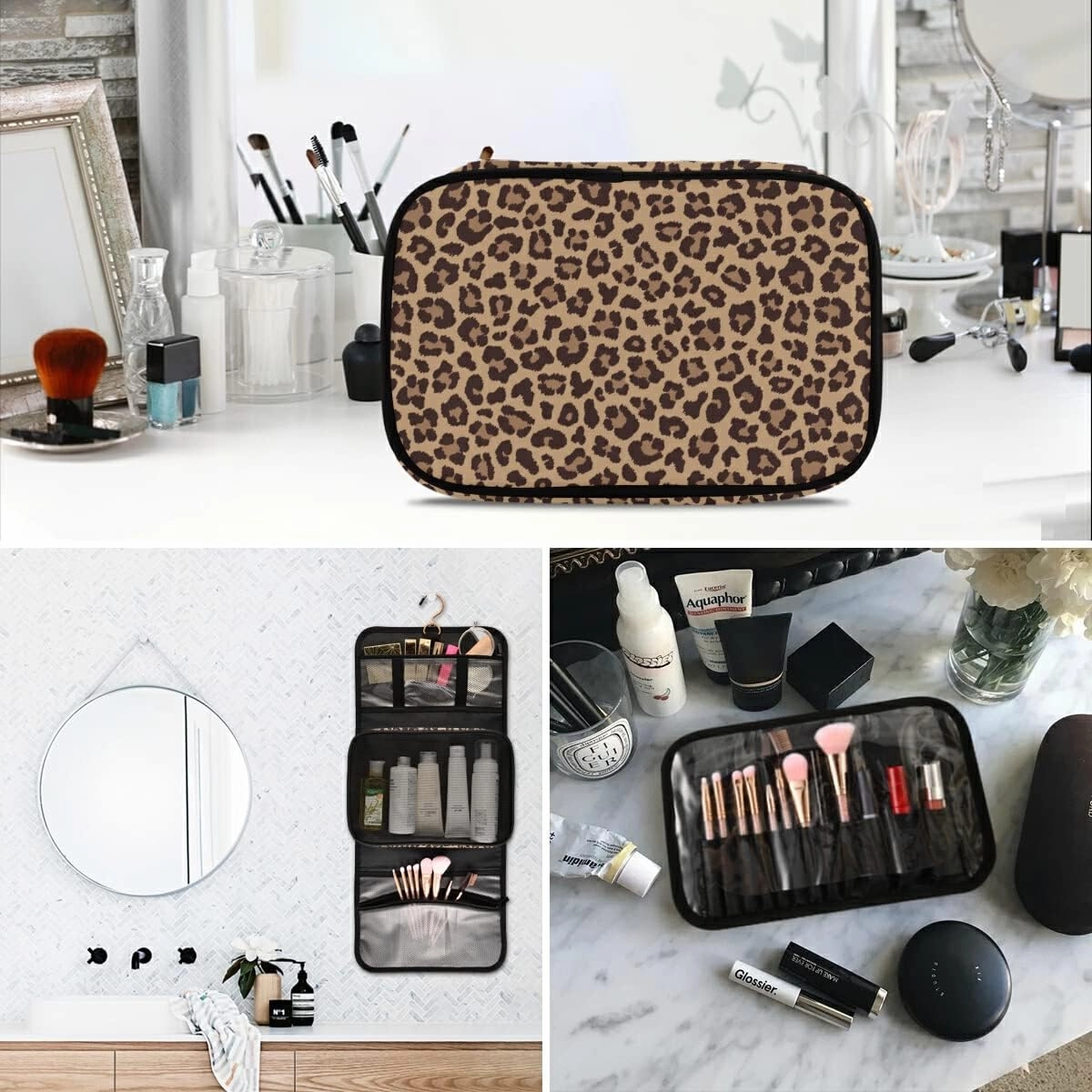 MNSRUU Gothic Toiletry Bags for Traveling, Leopard Beige Brown Women Makeup Bag Hanging Toiletry Bag Cosmetic Bag 3 Pack Portable Clear Toiletry Kit Makeup Brush Bag Organization and Storage