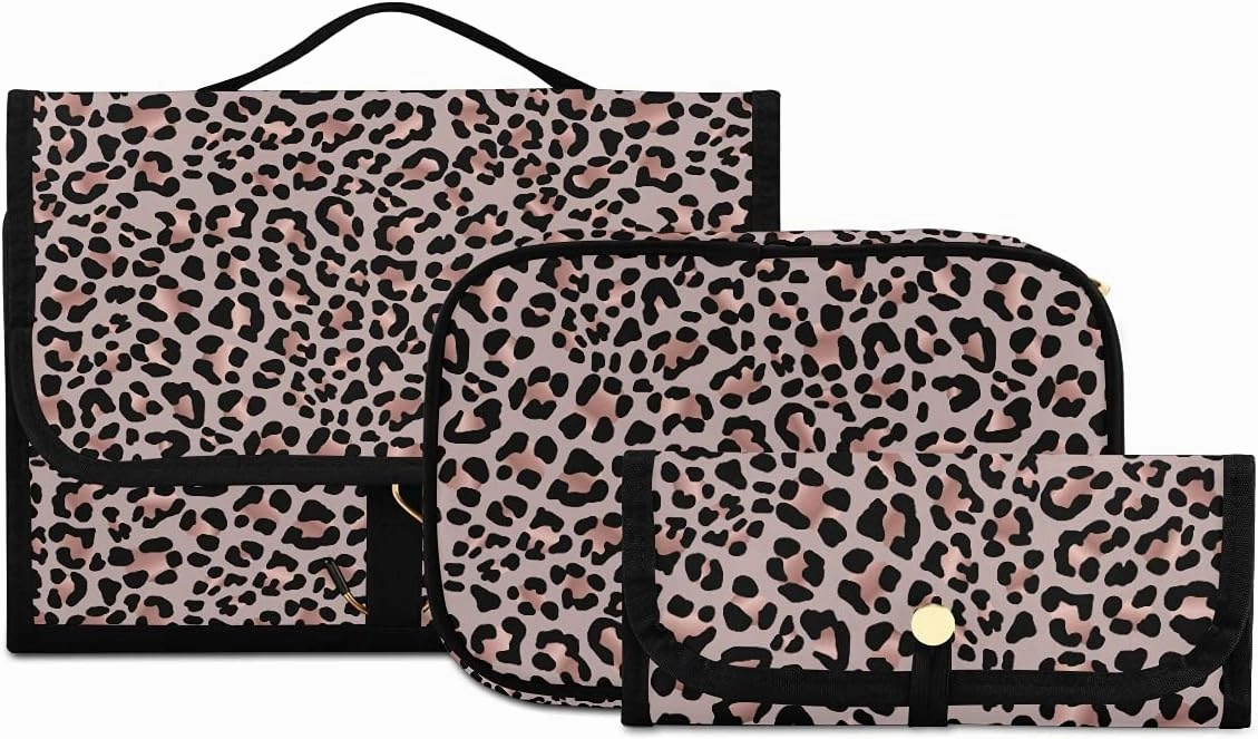 MNSRUU Gothic Toiletry Bags for Traveling, Leopard Skin Rose Gold Women Makeup Bag Hanging Toiletry Bag Cosmetic Bag 3 Pack Portable Clear Toiletry Kit Makeup Brush Bag Organization and Storage