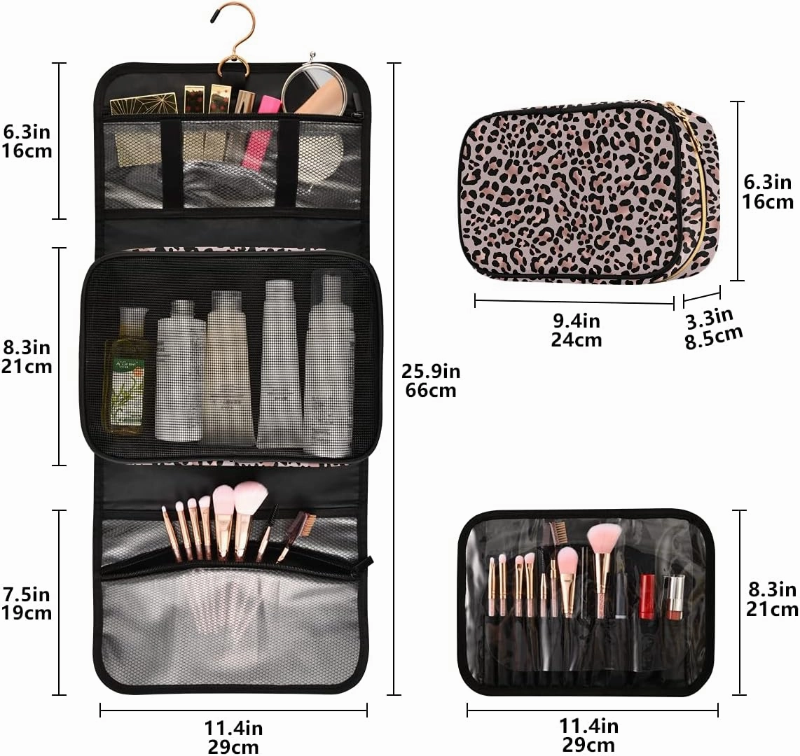 MNSRUU Gothic Toiletry Bags for Traveling, Leopard Skin Rose Gold Women Makeup Bag Hanging Toiletry Bag Cosmetic Bag 3 Pack Portable Clear Toiletry Kit Makeup Brush Bag Organization and Storage