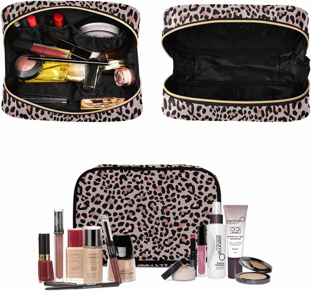 MNSRUU Gothic Toiletry Bags for Traveling, Leopard Skin Rose Gold Women Makeup Bag Hanging Toiletry Bag Cosmetic Bag 3 Pack Portable Clear Toiletry Kit Makeup Brush Bag Organization and Storage