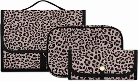 MNSRUU Gothic Toiletry Bags for Traveling, Leopard Skin Rose Gold Women Makeup Bag Hanging Toiletry Bag Cosmetic Bag 3 Pack Portable Clear Toiletry Kit Makeup Brush Bag Organization and Storage