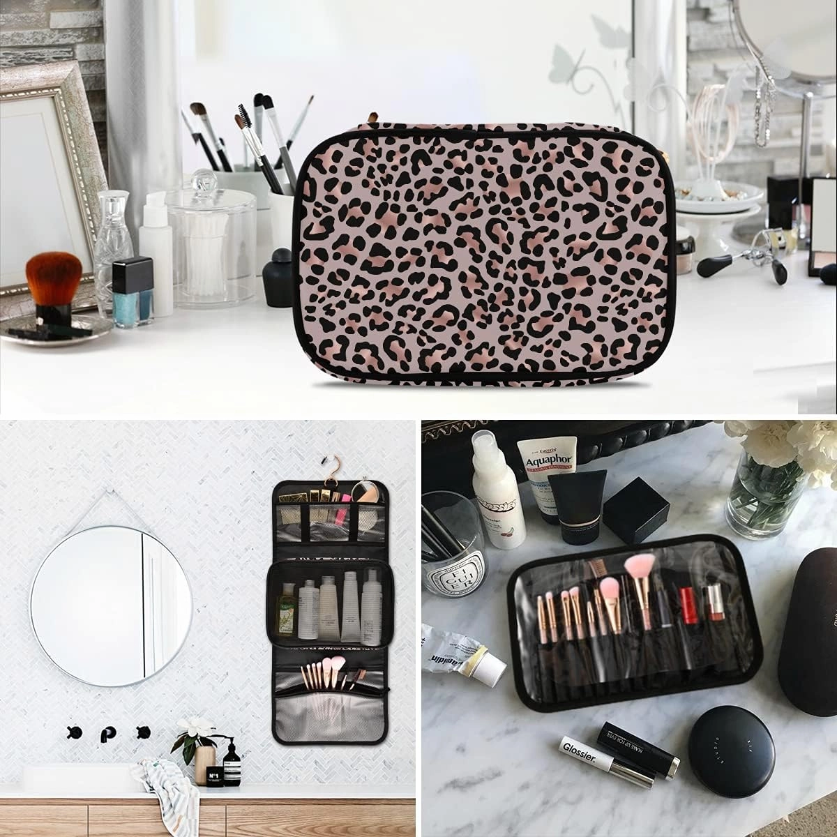 MNSRUU Gothic Toiletry Bags for Traveling, Leopard Skin Rose Gold Women Makeup Bag Hanging Toiletry Bag Cosmetic Bag 3 Pack Portable Clear Toiletry Kit Makeup Brush Bag Organization and Storage