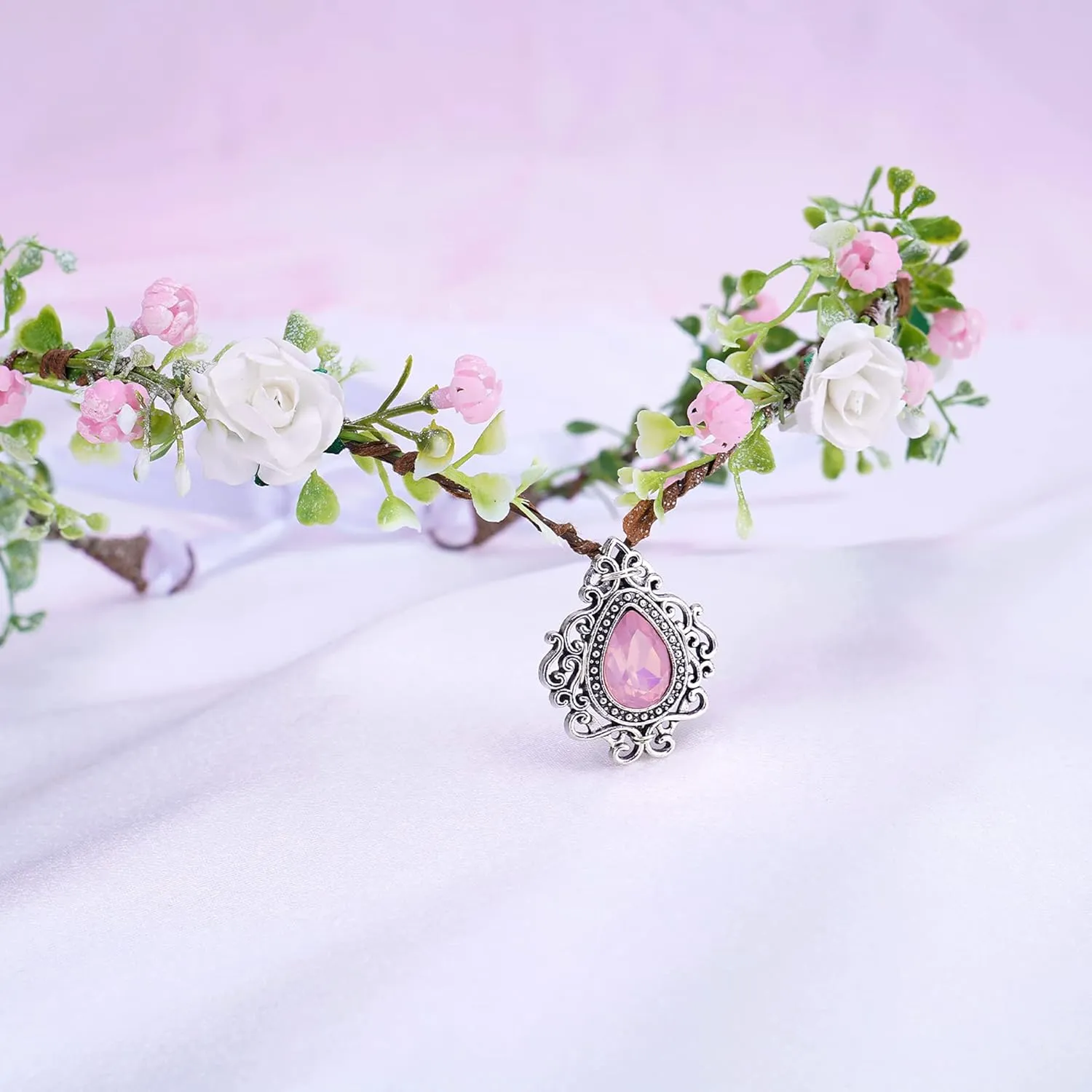 MOSTORY Pink Flower Elven Crown - Handmade Halo Floral Wreath Headband for Girls Women Bridal Elf Tiara Hair Accessories with Crystal for Wedding Party Christmas Cosplay Halloween Festival