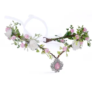 MOSTORY Pink Flower Elven Crown - Handmade Halo Floral Wreath Headband for Girls Women Bridal Elf Tiara Hair Accessories with Crystal for Wedding Party Christmas Cosplay Halloween Festival