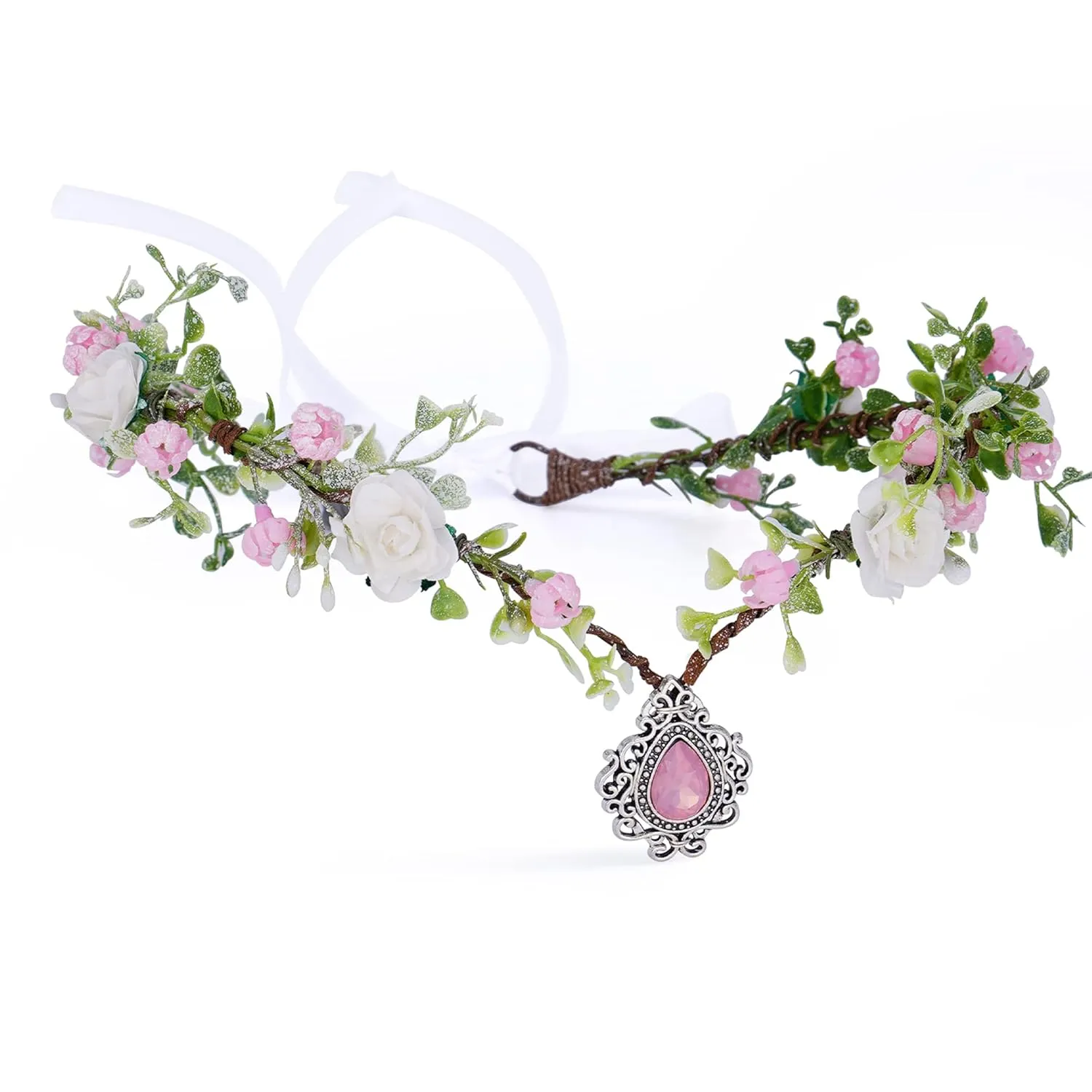 MOSTORY Pink Flower Elven Crown - Handmade Halo Floral Wreath Headband for Girls Women Bridal Elf Tiara Hair Accessories with Crystal for Wedding Party Christmas Cosplay Halloween Festival