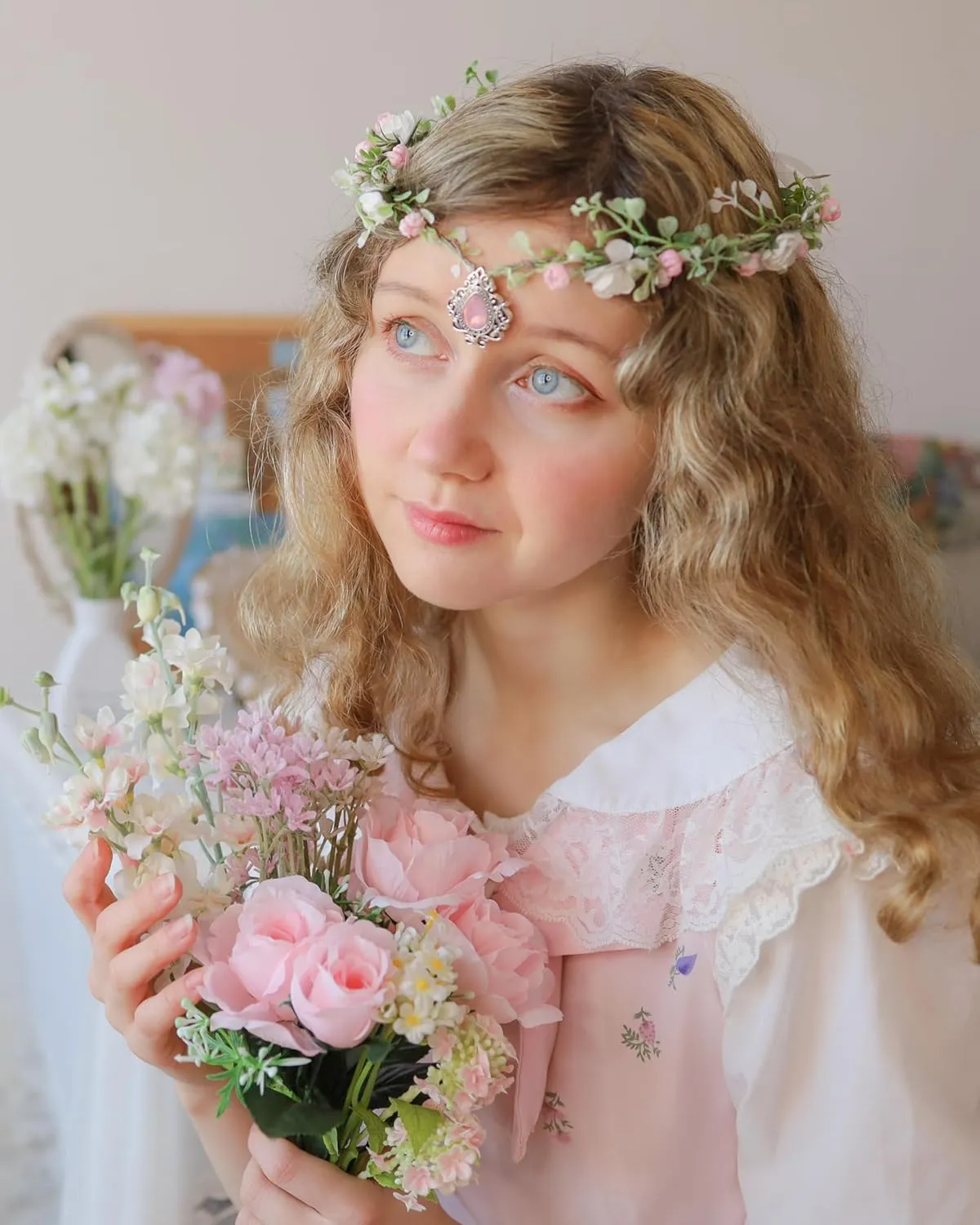 MOSTORY Pink Flower Elven Crown - Handmade Halo Floral Wreath Headband for Girls Women Bridal Elf Tiara Hair Accessories with Crystal for Wedding Party Christmas Cosplay Halloween Festival