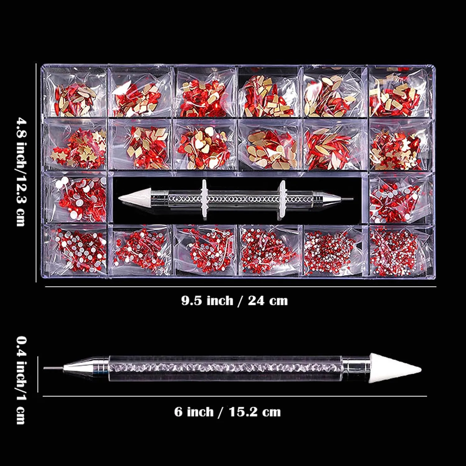 Nail Rhinestones Kit, Nail Art Decorations with Wax Pencil Flat AB Rhinestones Kit DIY Crafts Gemstones for Nail, Shoes, Clothes, Jewels (600 Red Diamonds   2500 Flat Rhinestone)
