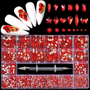 Nail Rhinestones Kit, Nail Art Decorations with Wax Pencil Flat AB Rhinestones Kit DIY Crafts Gemstones for Nail, Shoes, Clothes, Jewels (600 Red Diamonds   2500 Flat Rhinestone)