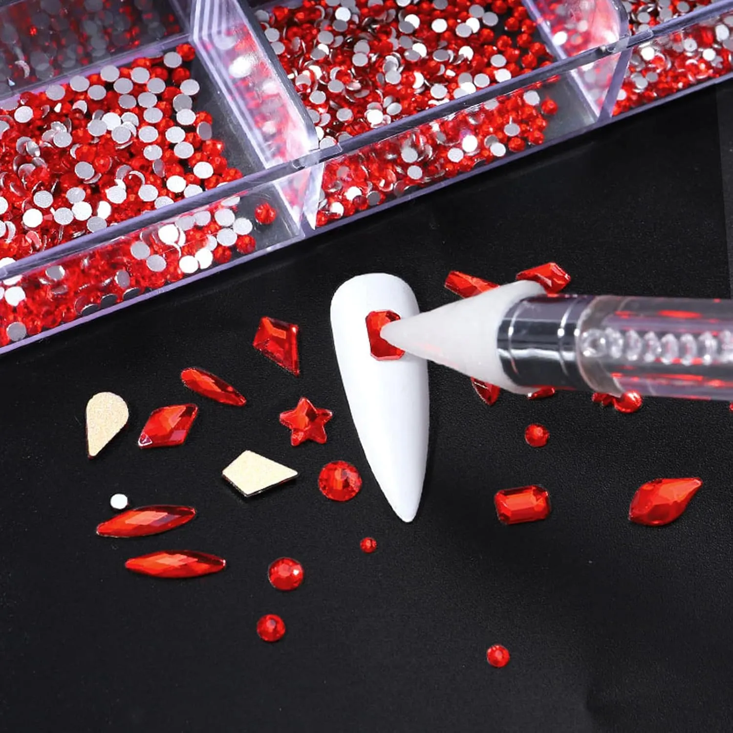 Nail Rhinestones Kit, Nail Art Decorations with Wax Pencil Flat AB Rhinestones Kit DIY Crafts Gemstones for Nail, Shoes, Clothes, Jewels (600 Red Diamonds   2500 Flat Rhinestone)